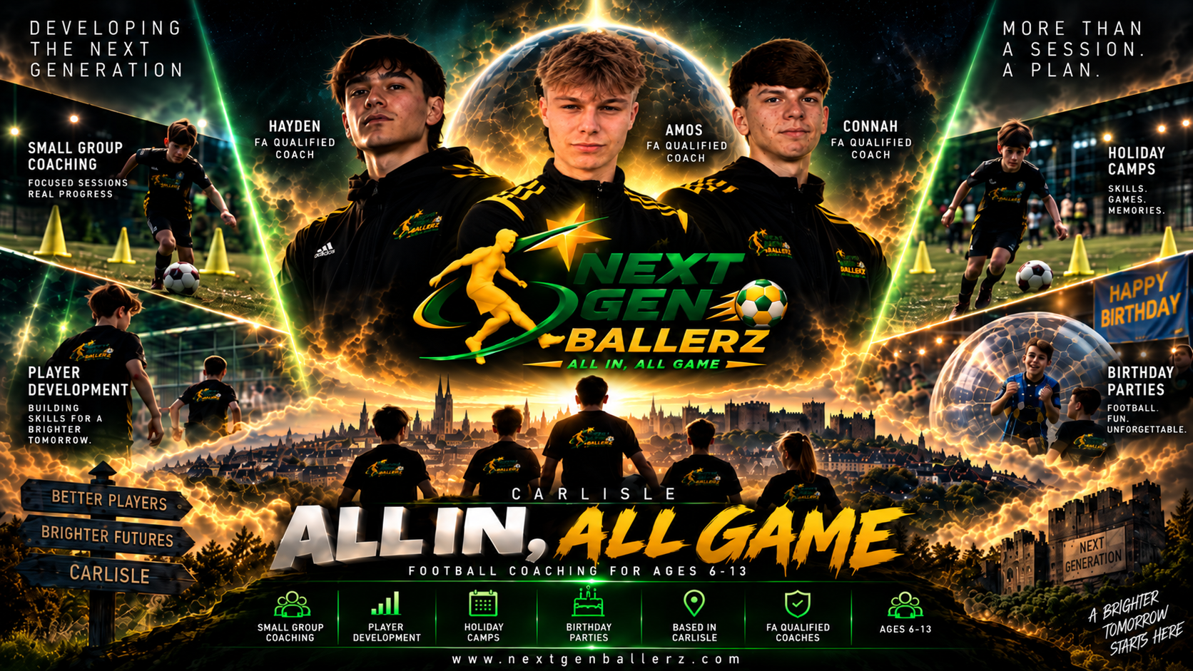 Next Gen Ballerz Carlisle football coaching with FA qualified coaches Hayden Wallace, Amos Bulman and Connah Macrae