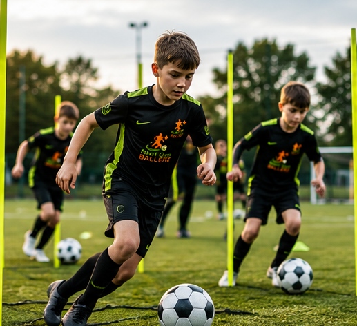Young footballers practising dribbling skills in a coaching session